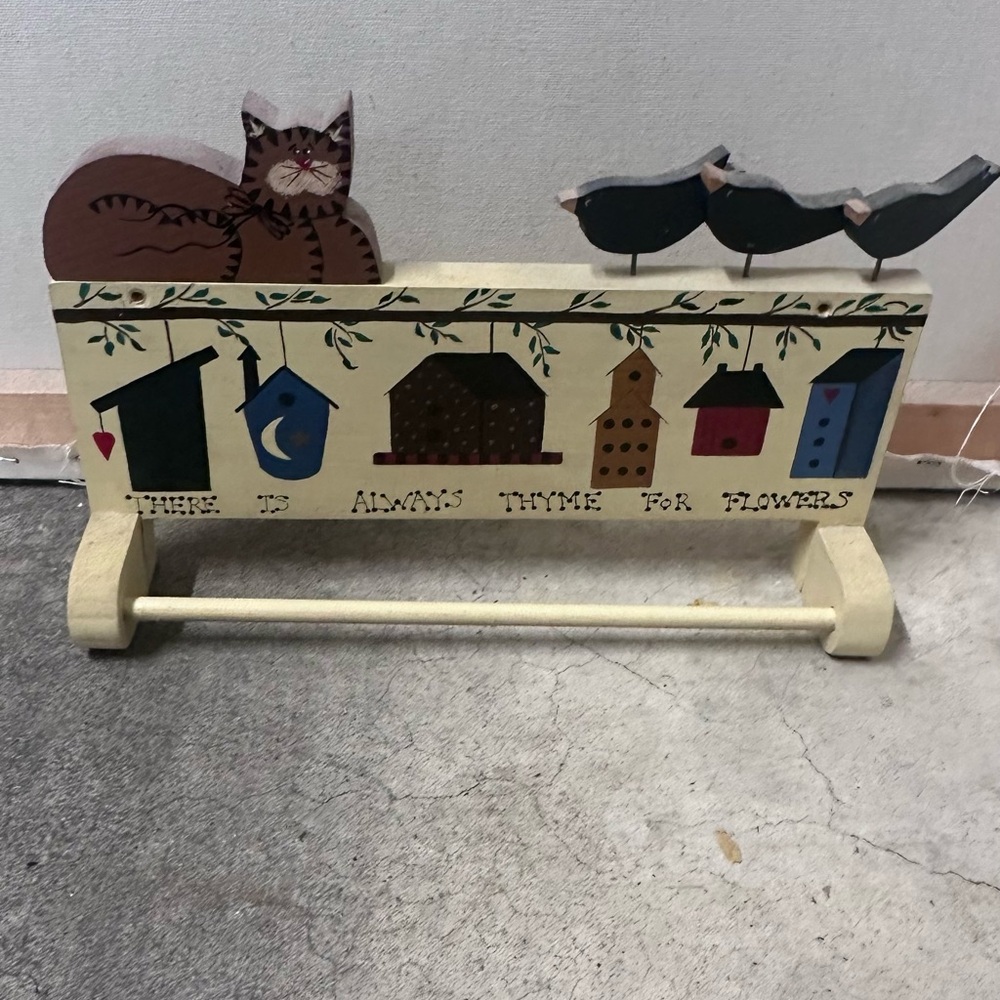 Folk Art Wooden Cat & Birds Decorative Towel rack